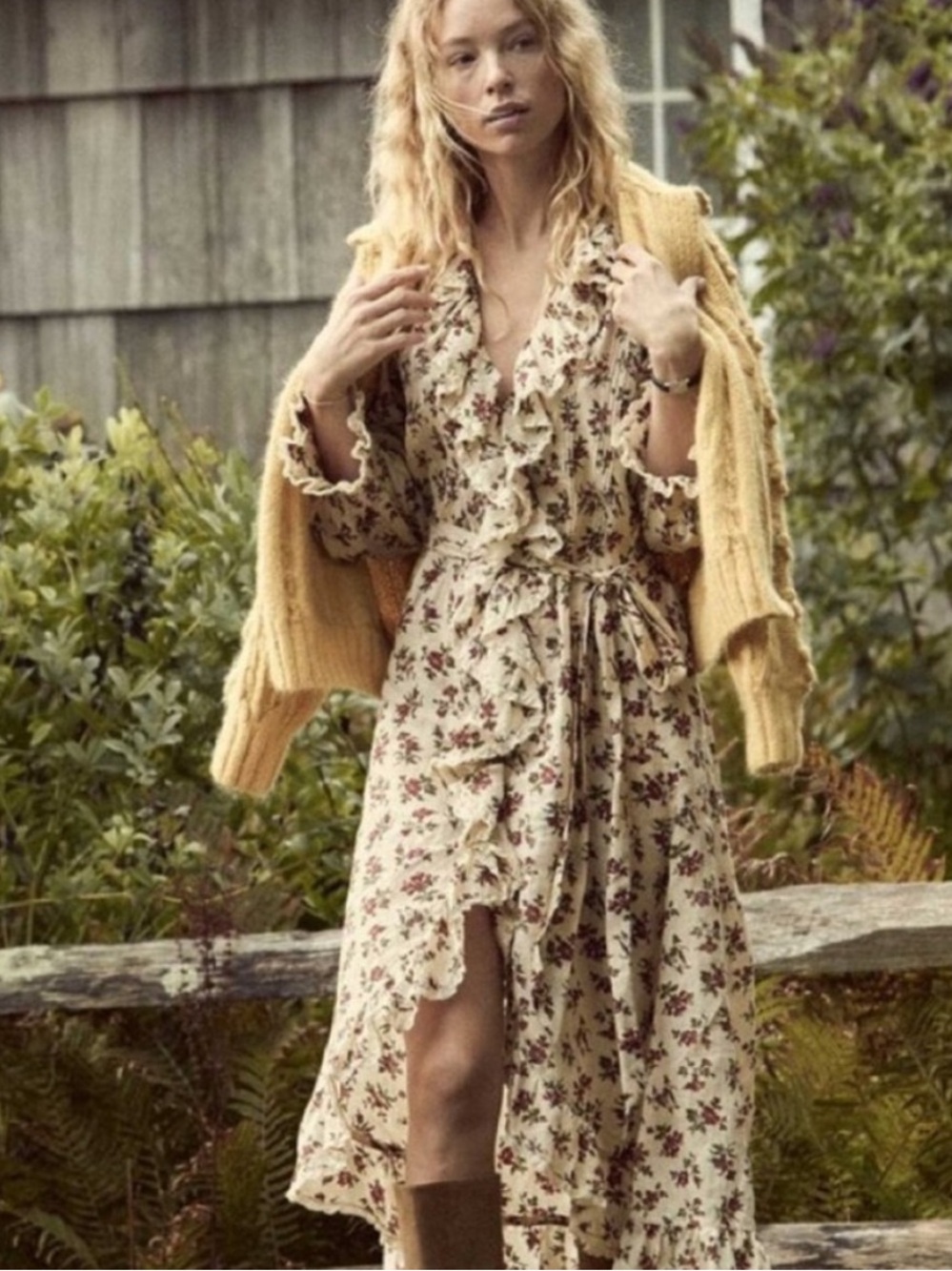 NEW Gorgeous DOEN Nadia Floral Ruffle Maxi Dress Long Sleeve Tie Waist Small